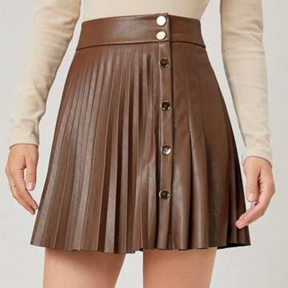 Zara Dresses & Skirts - Zara Faux Leather Women's Gold and Brown Pleated Mini Skirt women's Small